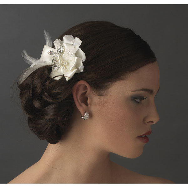 Silver Ivory or White Feather Ribbon Bridal Hair Clip