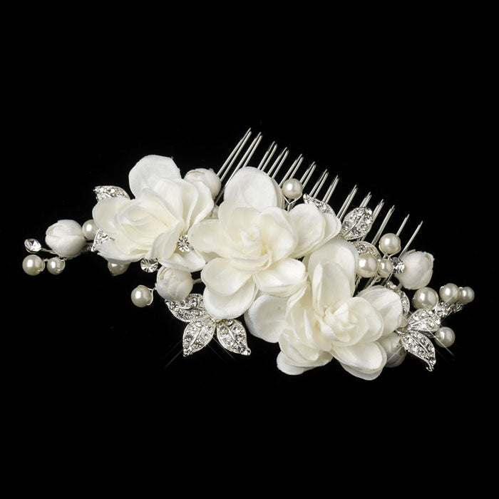 Bridal Hair Comb Silver Ivory Floral Hair Comb Pearl and Rhinestone