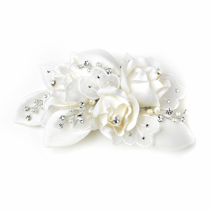 Bridal Hair Comb Silver Ivory Rose Pearl and Rhinestone Accent Hair Comb