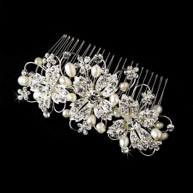 Silver Floral Bridal Comb with Clear Rhinestones & Ivory Freshwater Pearls
