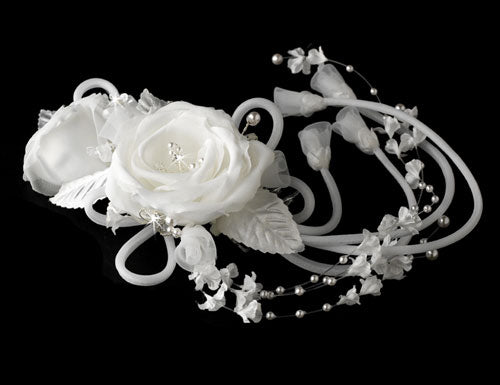 Fabric Bridal Flower Comb with Swag Dangle White or Ivory