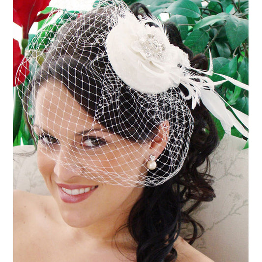 Exquisite Bridal Hat and Birdcage Veil on Clip White or Ivory