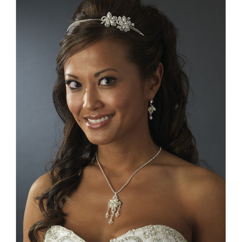 Bridal Headband with Pearl & Crystal Flower Side Accents