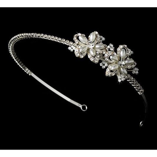 Bridal Headband with Pearl & Crystal Flower Side Accents