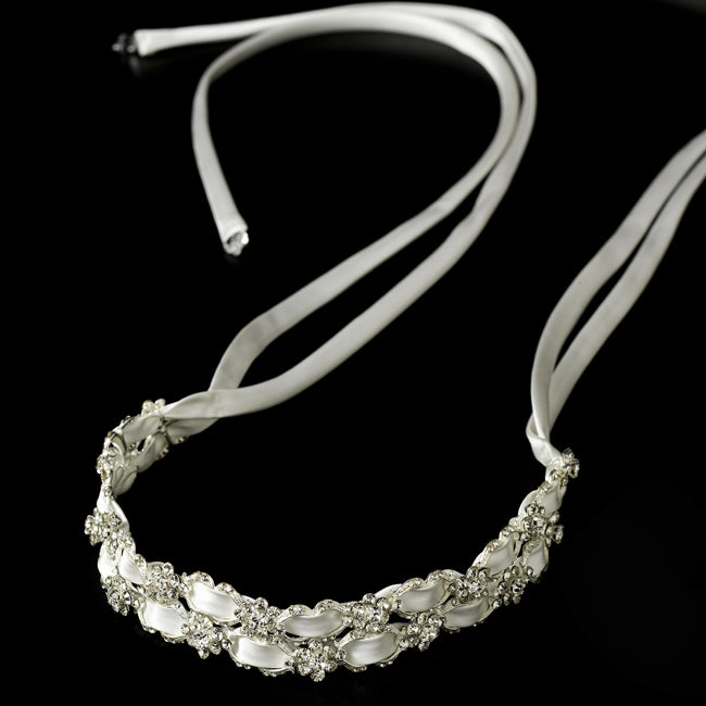 Crystal Flower Accented Bridal Ribbon Headband