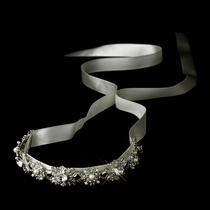 Antique Silver Crystal & Ivory Pearl Bridal Ribbon Headband
