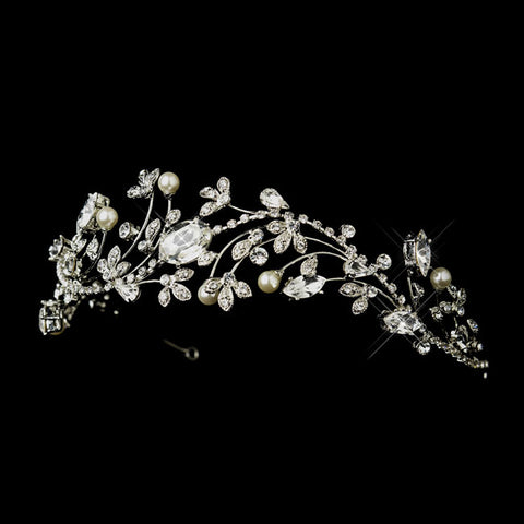 Bridal Headband Antique Silver Ivory Pearl & Marquise Crystal
