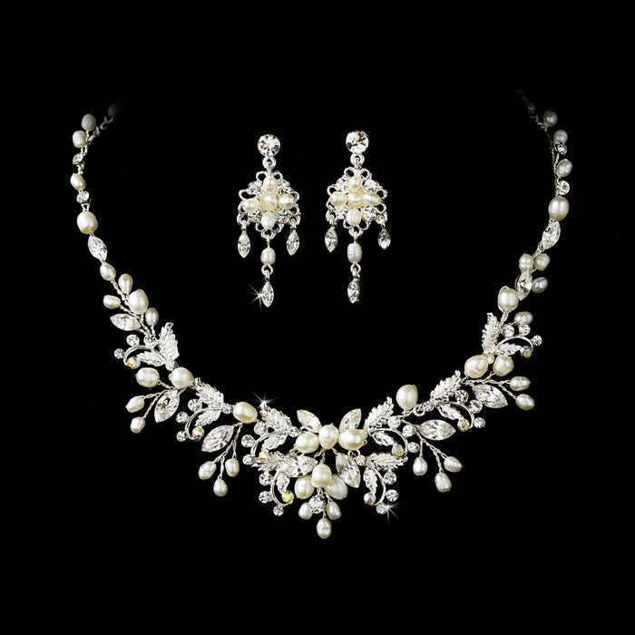 Silver Clear Crystal & Freshwater Pearl Floral Necklace & Earring Set