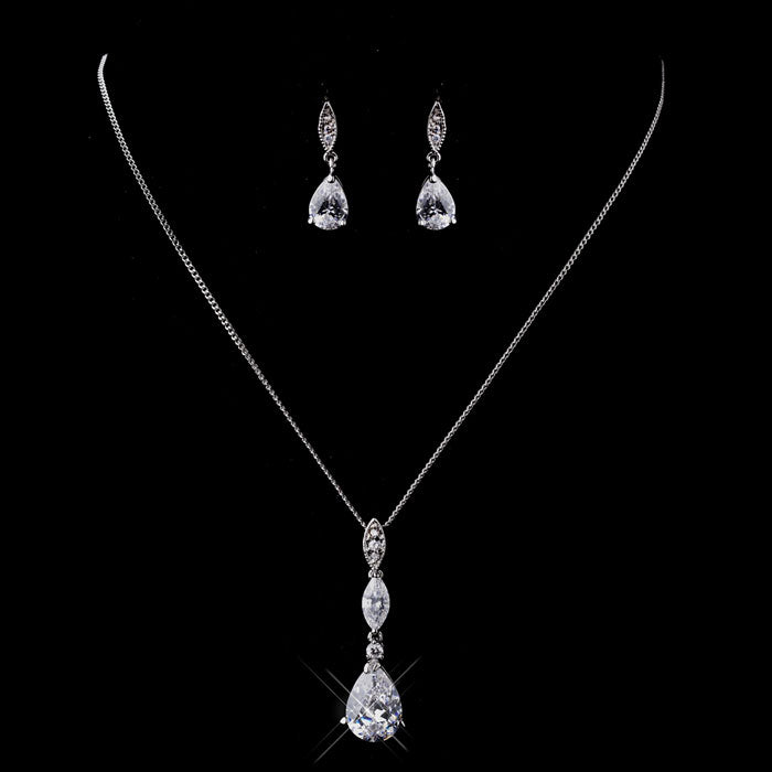 Bridal Jewelry Set Silver Clear CZ Necklace & Dangle Earring Set