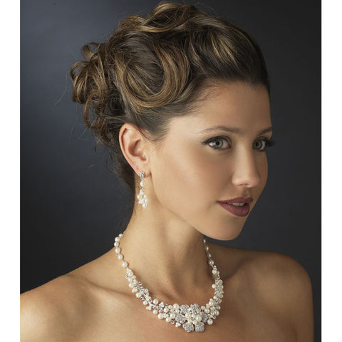 Silver Ivory Pearl & Rhinestone Flower Necklace & Earrings Bridal Jewelry Set