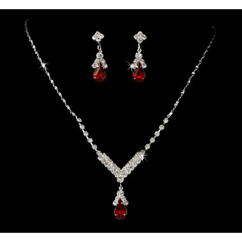 Silver Red Crystal Drop Jewelry Set
