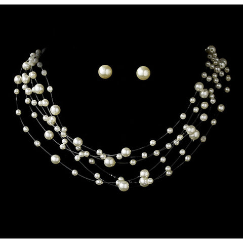 Six Strand Illusion Pearl Necklace and Earring Set (Silver or Gold)