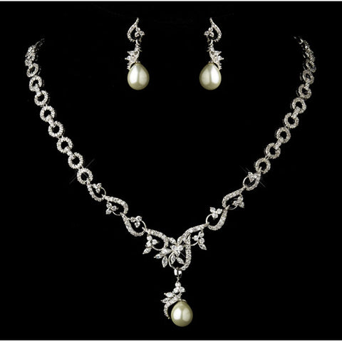 Antique Silver CZ Crystal & Ivory Pearl Necklace & Earrings