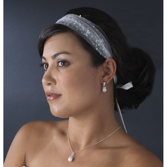 Bridal Ribbon Headbands Netting Headband with Beads & Sequins