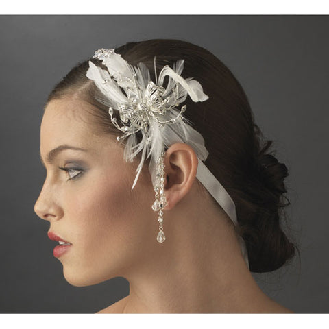 Ribbon Bridal Headband with Vintage Feather Side Accent