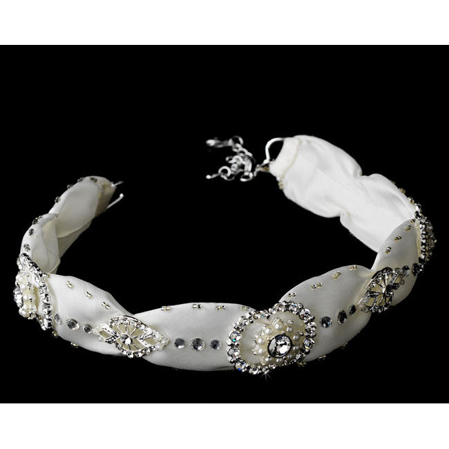 Bridal Ribbon Headband Crystal & Rhinestone Headpiece White or Ivory