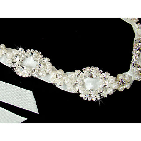 Bridal Ribbon Headband Satin Rhinestone & Pearls White or Ivory