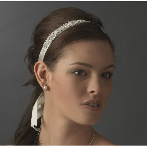 Bridal Ribbon Headband Vintage Rhinestone Accent White or Ivory