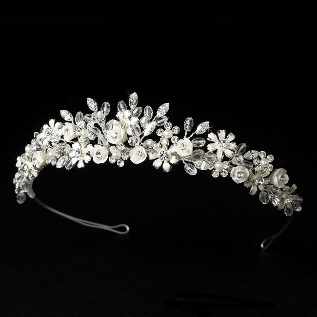Porcelain Flower Accented Silver Bridal Tiara