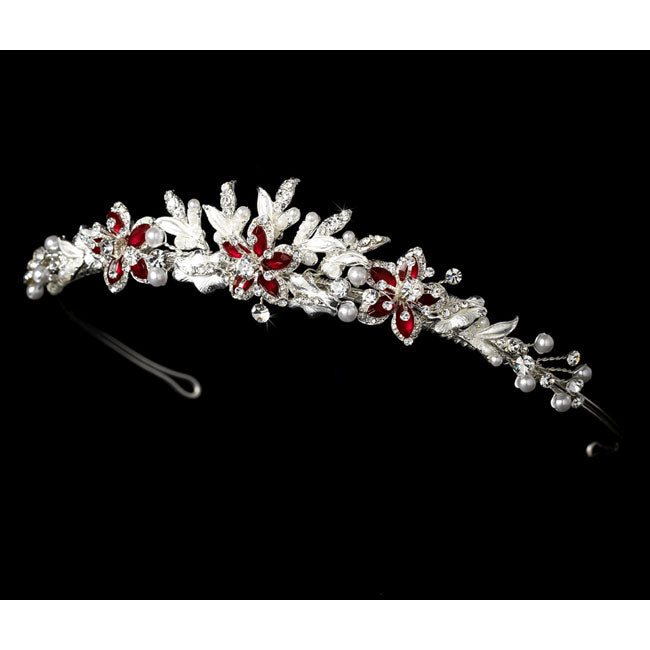 Couture Silver Bridal Tiara with Red Accent