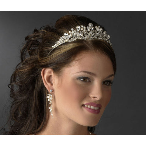 Charming Silver Clear Crystal & Freshwater Pearl Tiara