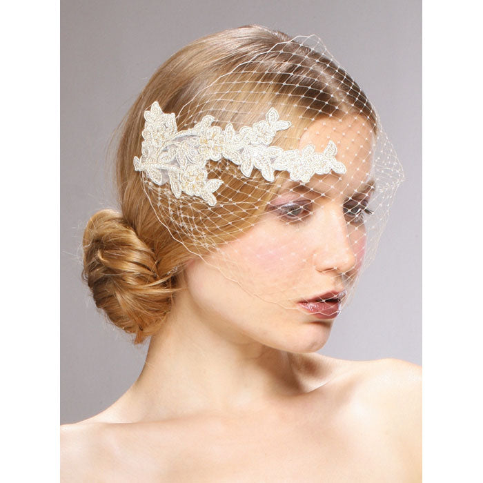 French Netting Bandeau Bridal Veil with Vintage Lace