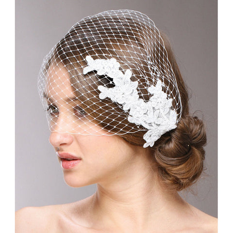 French Netting Bandeau Bridal Veil with Vintage Lace