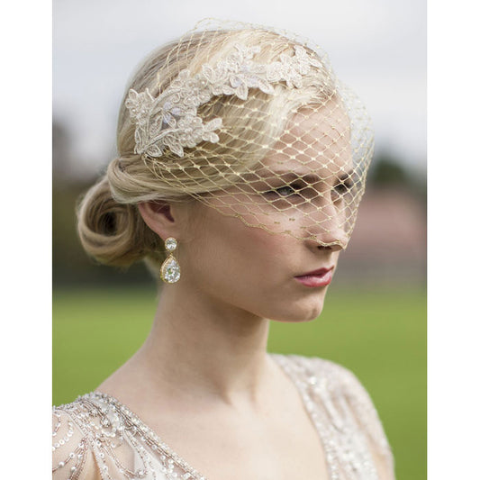 Metallic Gold French Netting Bandeau Bridal Veil with Champagne Lace Appliques