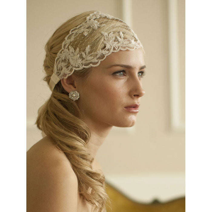 Split Lace Ribbon Bridal Headband with French Netting (White or ivory)