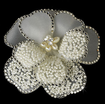 Bridal Flower Hair Clip / Brooch with Rhinestones & Seed Beading
