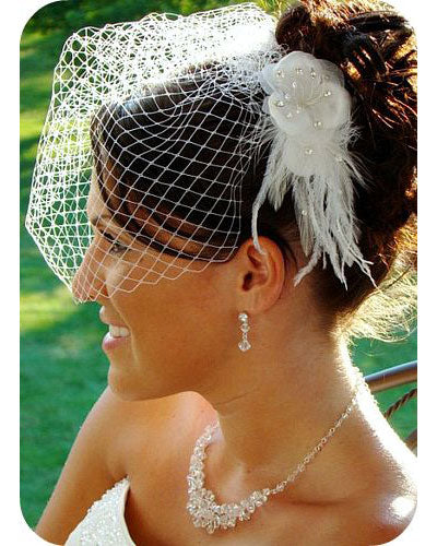 Birdcage Veil & Flower Feather Fascinator Comb (White or Ivory)