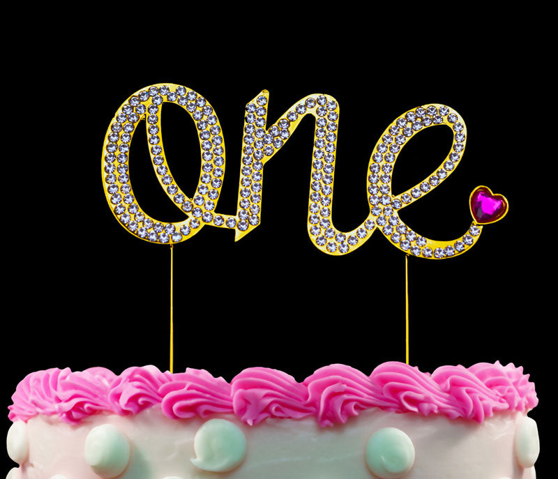 Baby Girl First Birthday Gold One Cake Topper with Pink Heart 1st Birthday Cake Decorations