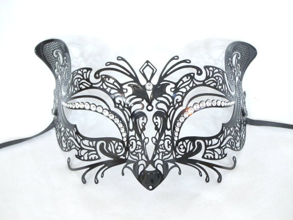 Cat Design Laser Cut Metal Black Masquerade Mask with Clear Diamonds