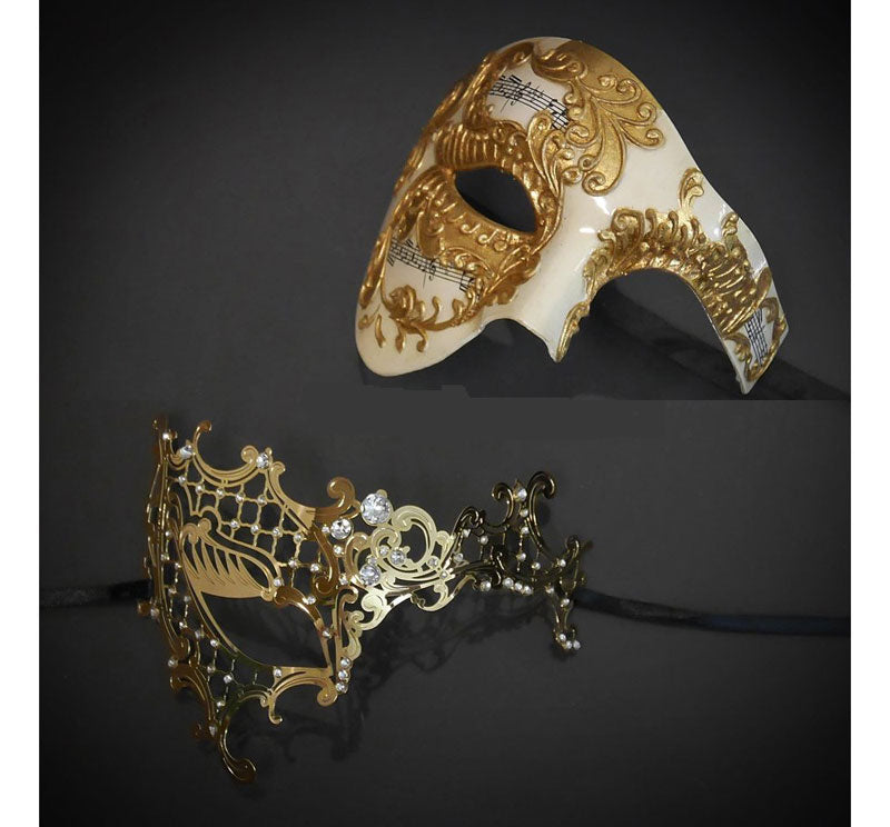 His & Hers Couple Phantom of the Opera Masquerade Masks Set Gold Couple Masks