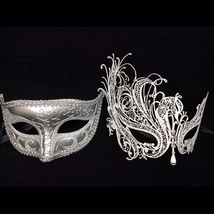 His and Her Masquerade Masks - His (Silver) & Hers(white) Venetian Masks