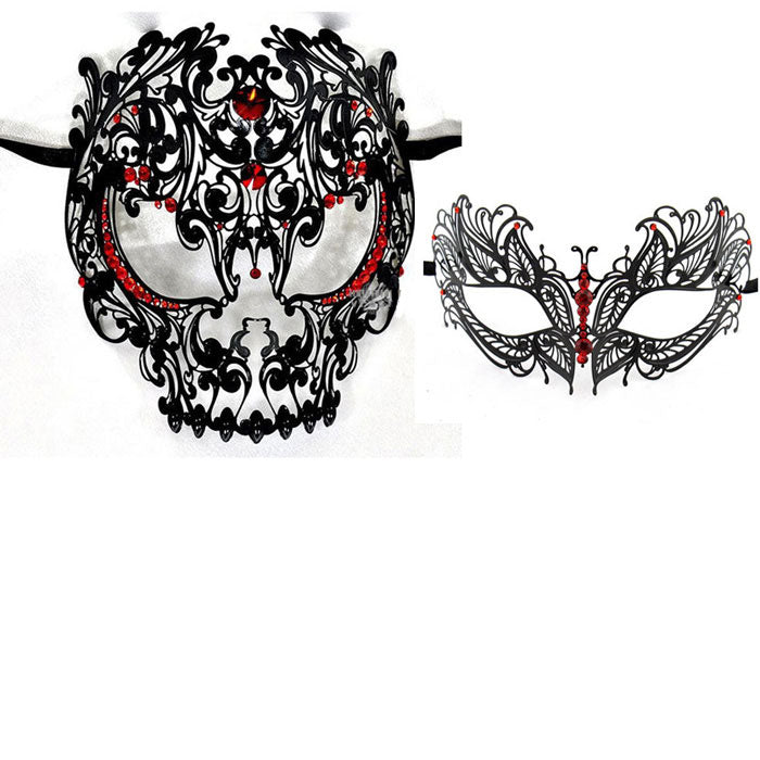 His and Hers Masquerade Masks - Skull Men and Laser Cut Women Masks with Red Crystals