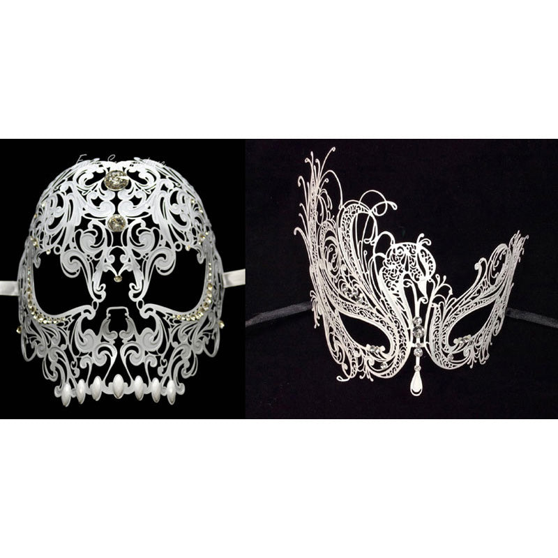 His and Her Masquerade Masks - Skull Men and Laser Cut Women Masks Set White