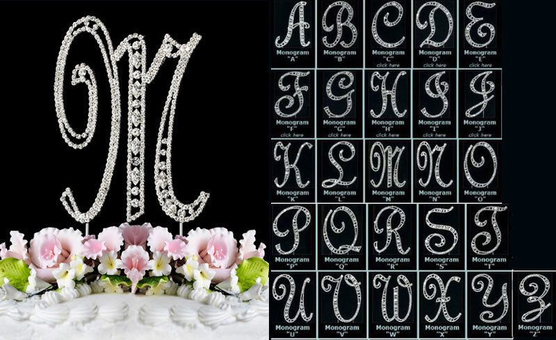 Large Silver Crystal Covered Vintage Style Monogram Cake Toppers Initial A to Z Any Letter