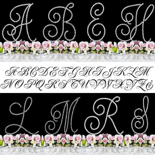 Crystal Cake Topper Swirl Script Silver Monogram Cake Toppers Initial A to Z Large 4 3/4"