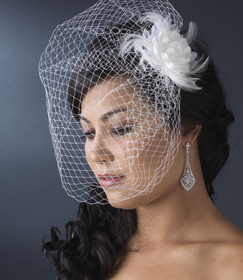 Feather Flower Fascinator with Bird Cage Veil (White or Ivory)