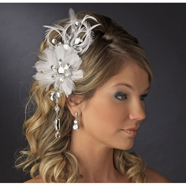 Vintage Bridal Feather Hair Fascinator with Dangling Crystals