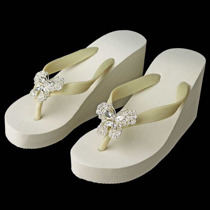 High Wedge Bridal Flip Flops with Rhinestone Butterfly Accent ( White or Ivory )