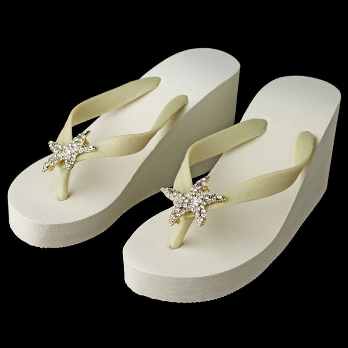 High Wedge Bridal Flip Flops with Gold Starfish Rhinestone ( White or Ivory )