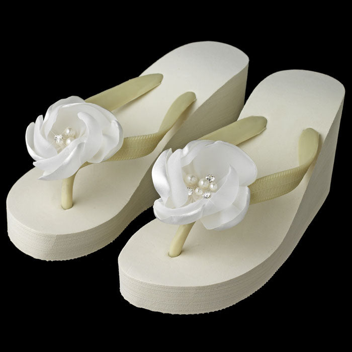 High Wedge Flip Flops with Rhinestone & Pearl Flower Accents ( White or Ivory )