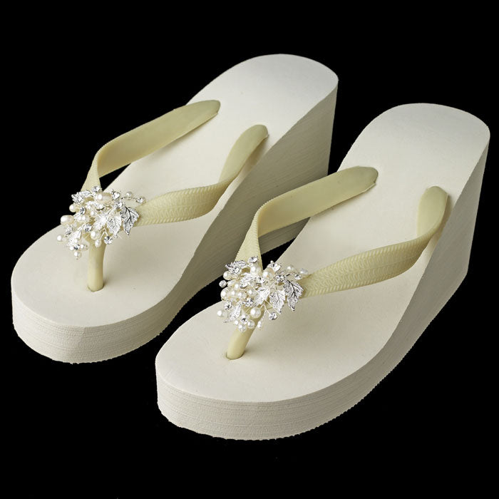 High Wedge Bridal Flip Flops with Rhinestone & Freshwater Pearl Leaf Accents ( White or Ivory )