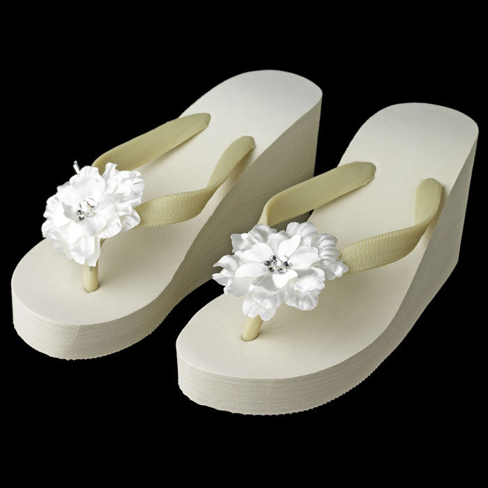 High Wedge Bridal Flip Flops with Flower Crystal Accent ( White or Ivory )