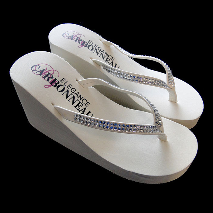 Crystal Bridal Flip Flops High Wedge with Crystal Accented Suedene Strap ( Ivory or White or Black)