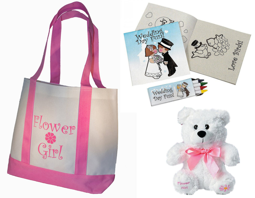 Flower Girl Gifts Set: Tote Bag, Teddy Bear, Wedding Day Activity kits