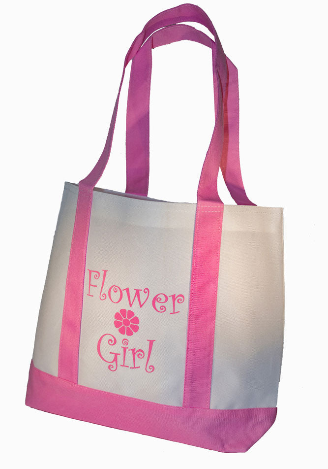 * Flower Girl Tote Bag White with Pink Straps Large Wedding Flower Girl Gifts