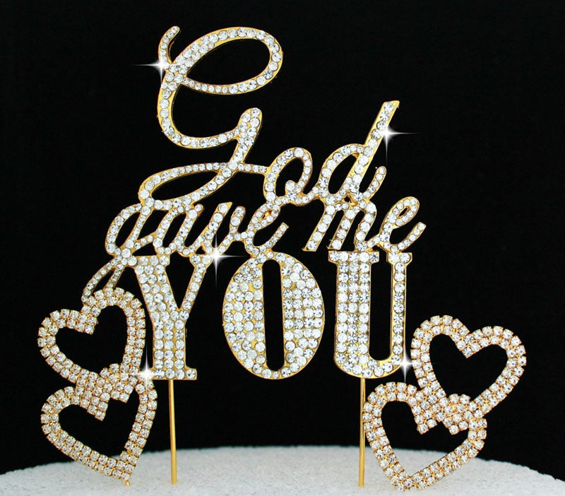 God Gave Me you Crystal Bling Gold Wedding Cake Topper with 2 Hearts Cake Picks